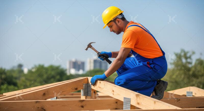 Skilled construction worker diligently building a new wooden roof frame.