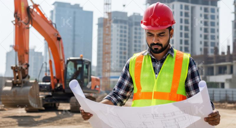 Male engineer meticulously reviews building plans on active construction site.