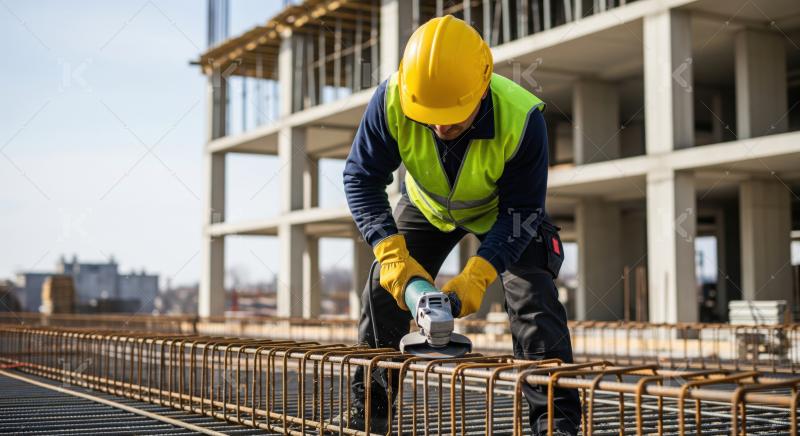 Worker using angle grinder for rebar on active construction site.