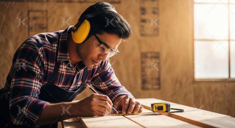 Dedicated craftsman meticulously measures and marks wood in a workshop.