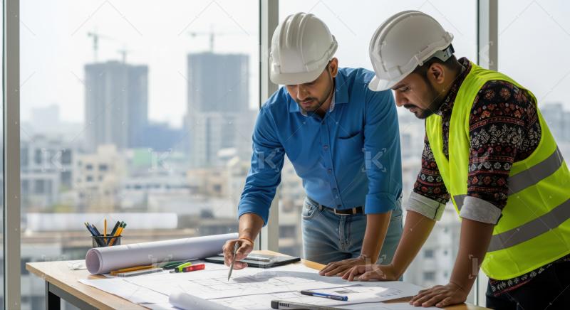 Professionals meticulously review building plans for urban development project.