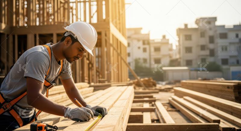 Dedicated worker measures wooden beam, ensuring accuracy on site.