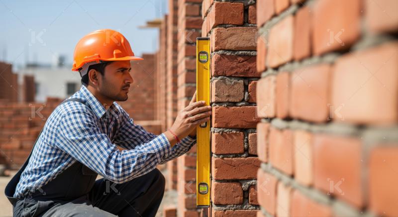 Dedicated builder meticulously checks brick wall alignment on site.