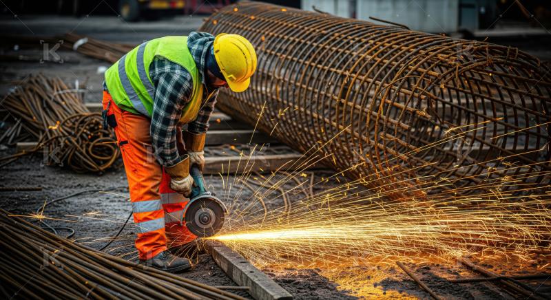Construction worker uses angle grinder, creating bright sparks on job site.