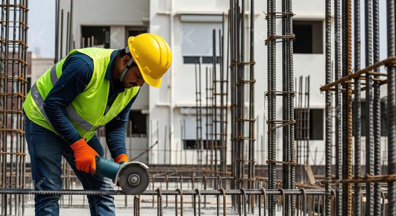 Diligent worker cuts metal rebar with angle grinder safely.