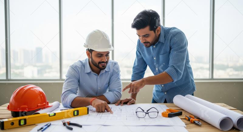 Professional engineers review construction plans, pointing at important details together.