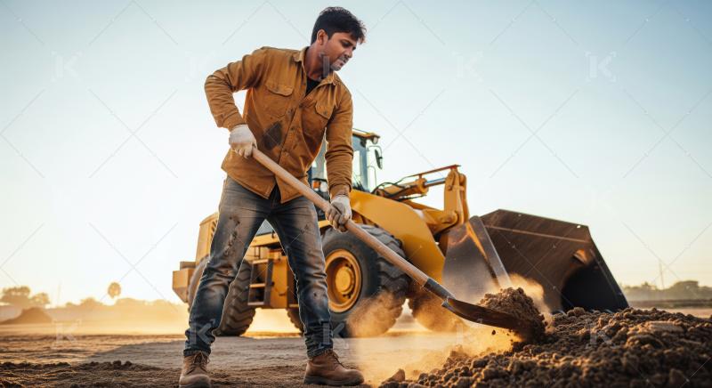 Diligent worker efficiently moves earth with shovel near equipment.