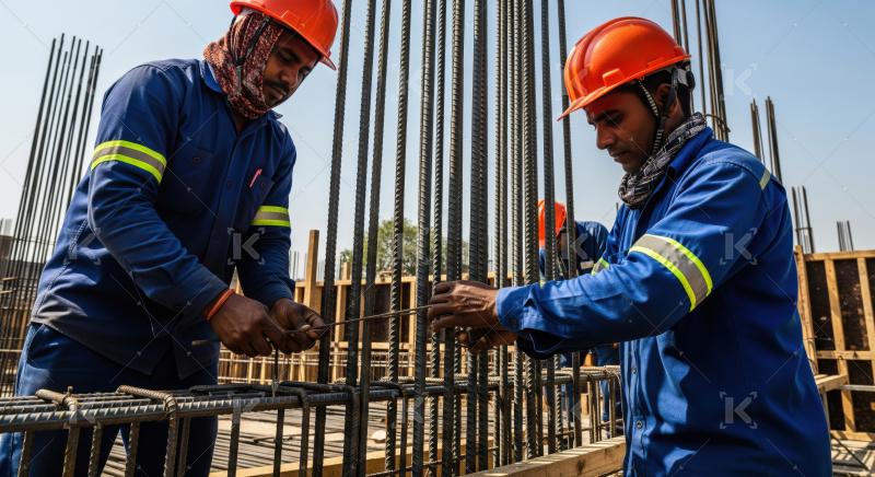 Dedicated workers diligently construct steel reinforcement at a new building site.