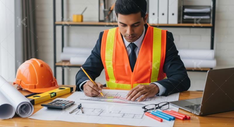 Focused engineer working on architectural plans, using various tools.