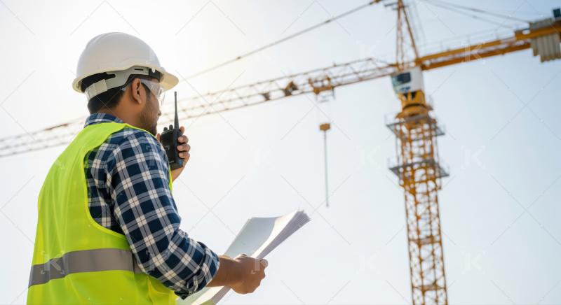 Professional worker communicating at busy construction site, managing project efficiently.