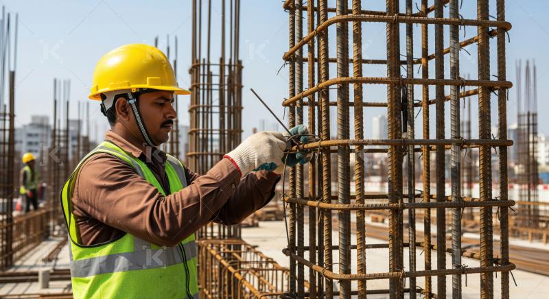 Skilled construction worker meticulously tying rebar at an active building site.