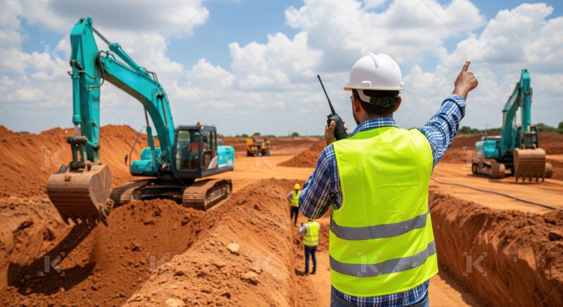 Supervisor uses walkie-talkie to guide excavators on a large project.