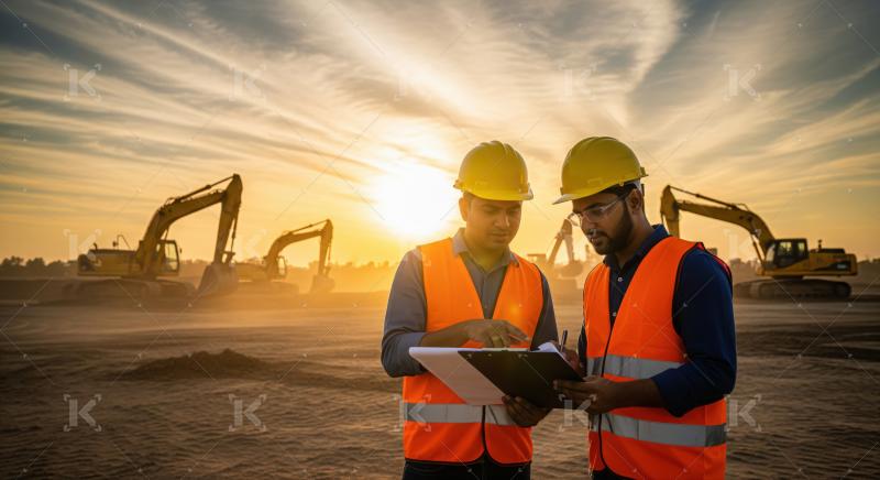 Two engineers reviewing plans at a construction site during sunset.