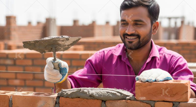 Smiling construction worker expertly lays bricks on a new house.