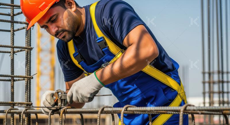 Dedicated construction worker securing rebar on new building project.