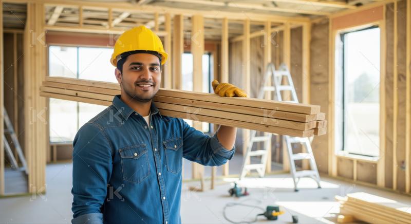 Smiling man carrying wood beams in new house frame.