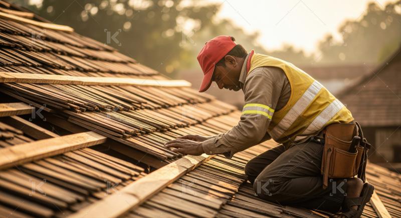 Hardworking roofer expertly placing wooden shingles on a new roof.