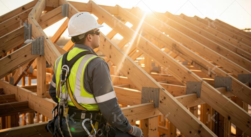 Worker on new house roof framing, beautiful sunrise.