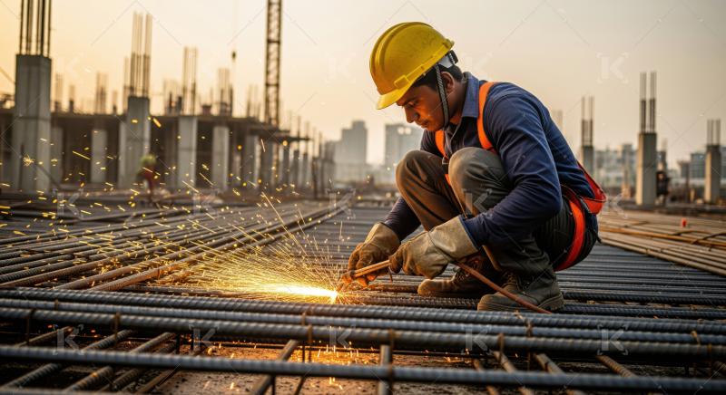 Construction worker welds metal rebar, creating sparks at sunset.