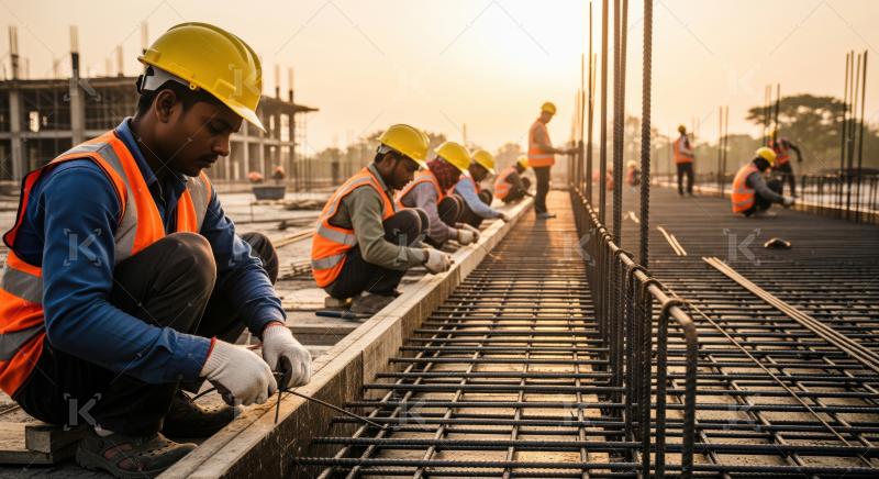 Skilled laborers meticulously construct new building foundations during sunset.