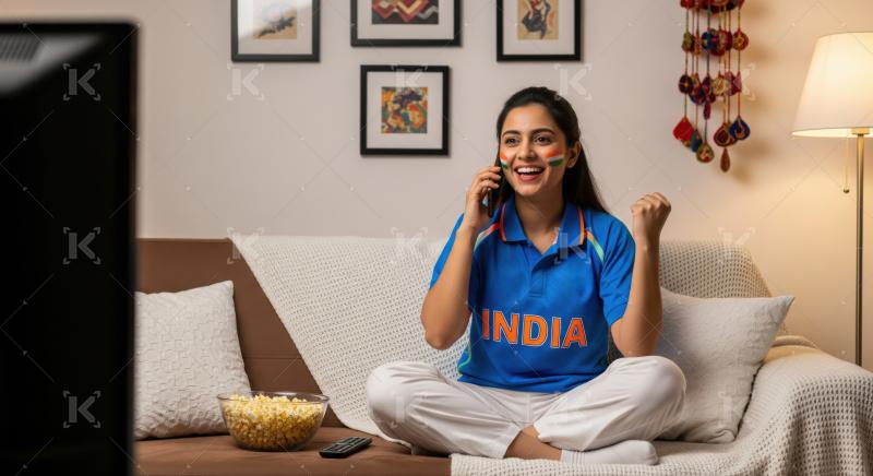 Excited Indian Woman Watching Cricket Match, Talking on Phone
