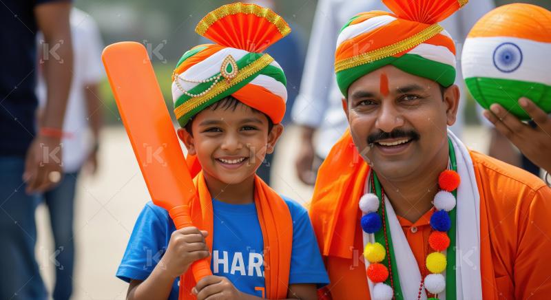 Joyful Indian Father Son Celebrate National Spirit with Cricket