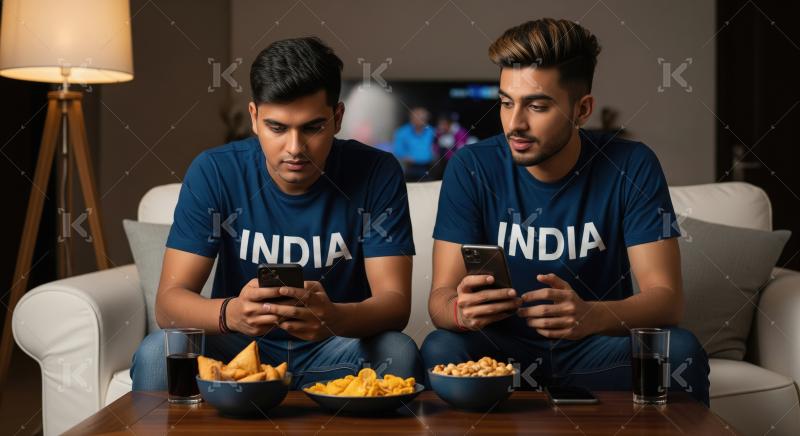Indian Friends Using Phones, Enjoying Snacks, Watching Sports at
