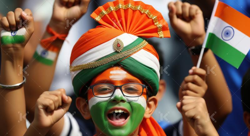 Patriotic Indian Fan Cheers with Flag-Colored Face and Turban