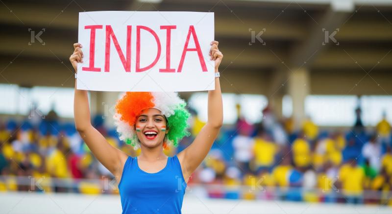 Enthusiastic Indian Fan Cheering for Her Country in Stadium