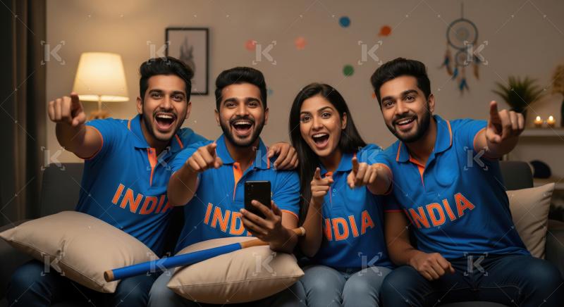 Excited Indian Sports Fans Cheering Together at Home
