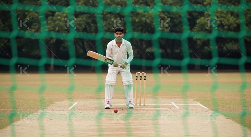 Young male cricketer ready to bat on pitch during practice