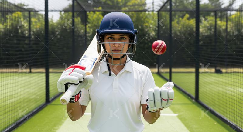 Focused Female Cricketer Ready to Bat with Ball in Mid-air