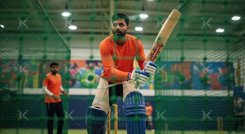 Cricketer practicing batting in an indoor net session