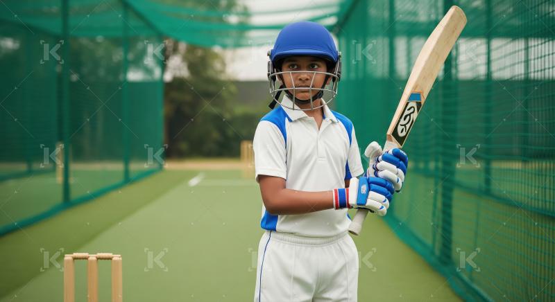 Focused Young Cricketer Ready to Bat in Training Net