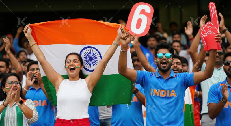 Excited Indian cricket fans celebrate with flag and signs