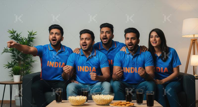 Indian fans enthusiastically watch live sports game at home