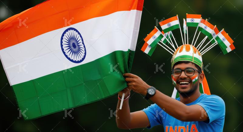 Joyful Indian supporter waving national flag at patriotic event