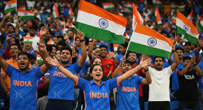 Enthusiastic Indian Fans Waving National Flags Cheering Loudly a