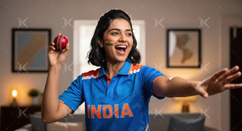 Excited Indian woman fan cheers for cricket with ball