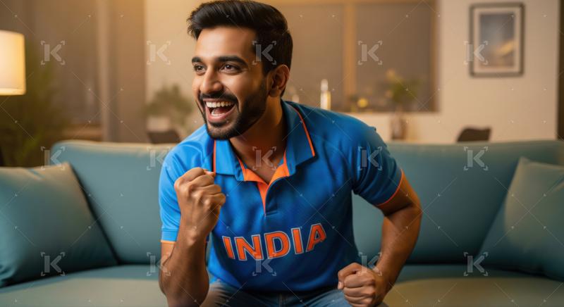 Excited Indian Cricket Fan Cheers While Watching Game at Home