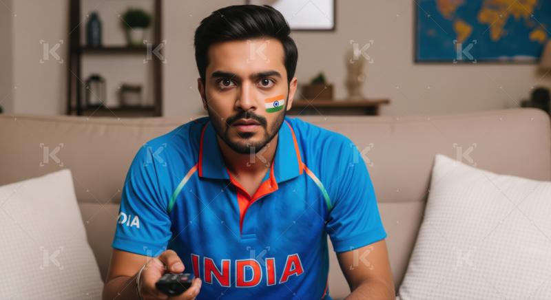 Focused Indian Cricket Fan Watches Game with Remote