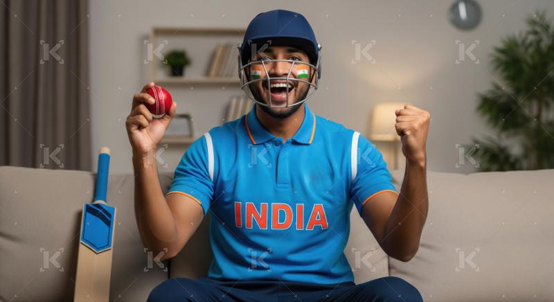 Excited Indian Cricket Fan Cheering for Team India at Home