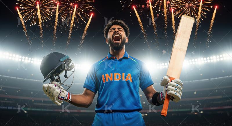 Indian Cricket Player Celebrates Victory with Bat and Fireworks