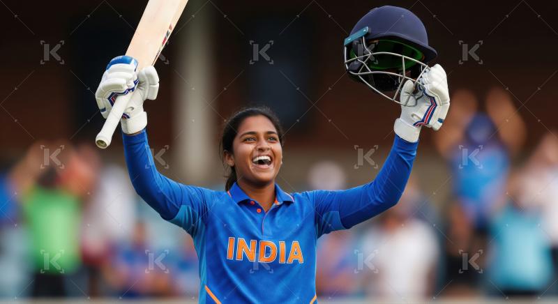 Indian female cricketer celebrates victory, holding bat and helm