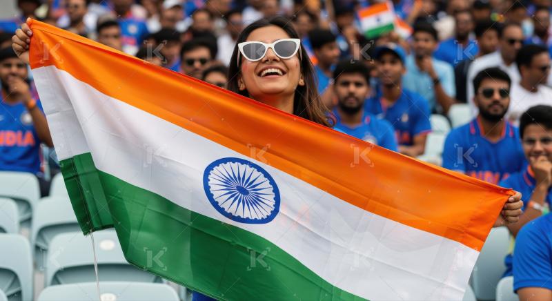 Enthusiastic Indian fan with flag at a match