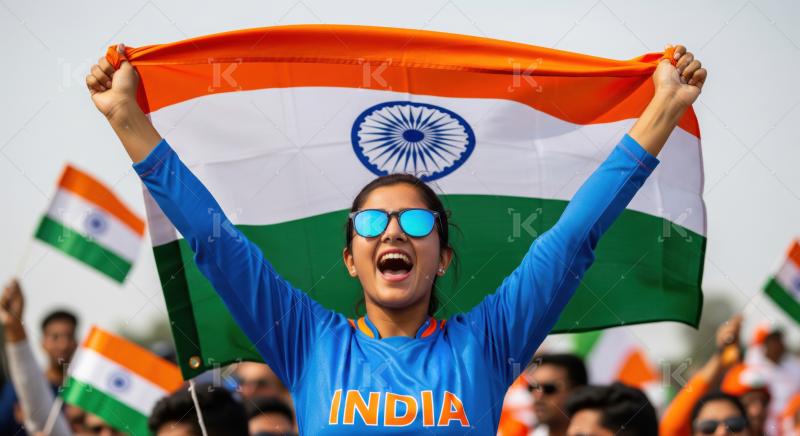 Patriotic Indian fan joyfully waves flag, celebrating nation.