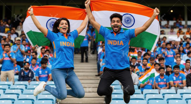 Enthusiastic Indian cricket fans jumping with national flags at