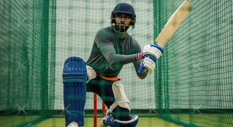 Indian Cricketer Batting Practice in Nets with Focus