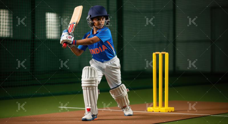 Young boy batsman in full gear on cricket pitch