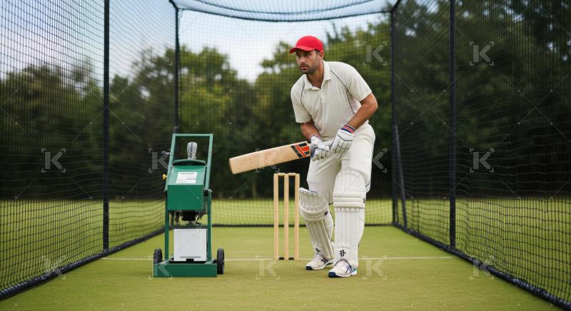 Cricketer Practices Batting in Outdoor Net with Bowling Machine